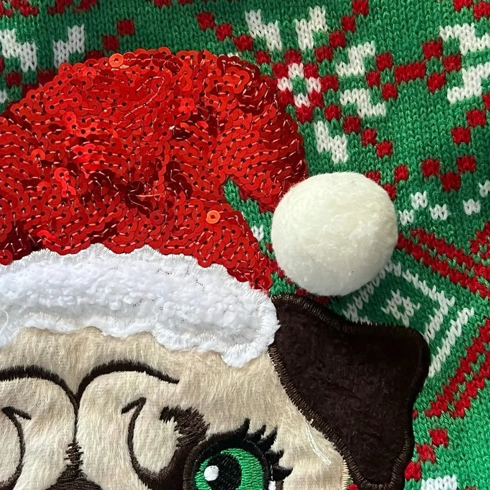 Girls Holiday Christmas Sweater Pug Dog Sequin Green It’s Our Time Size XL Cute